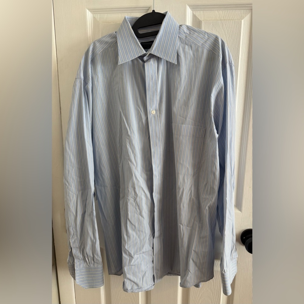 Canali Men's Light Blue and Cream Striped Dress Shirt
